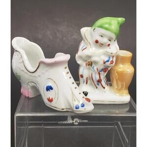 Made in Occupied Japan Hand Painted Porcelain Clown and Victorian Shoe Figurine